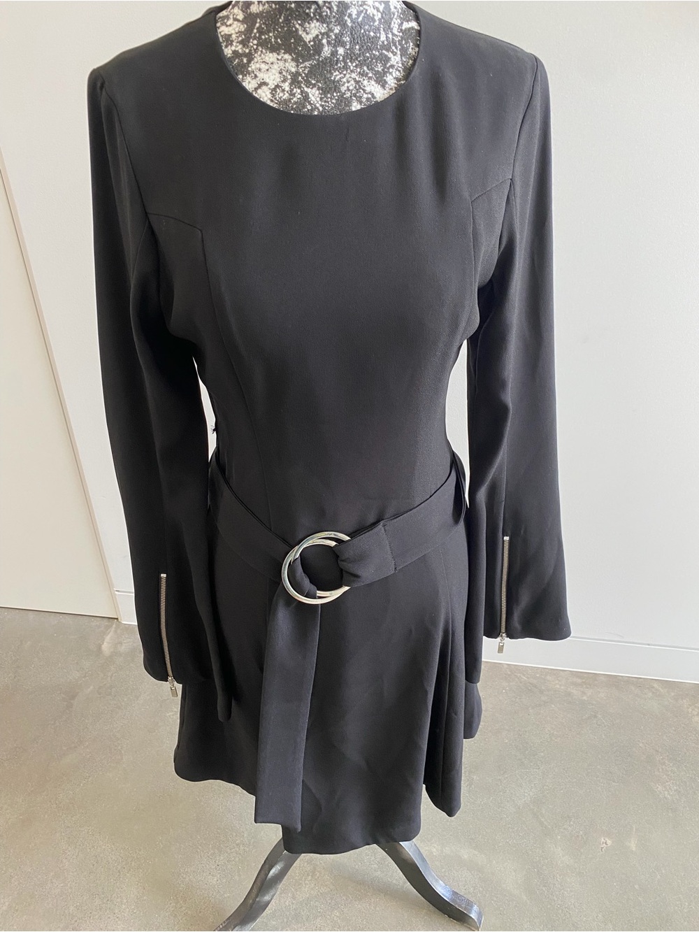 Black Wide-Sleeve Belted Dress